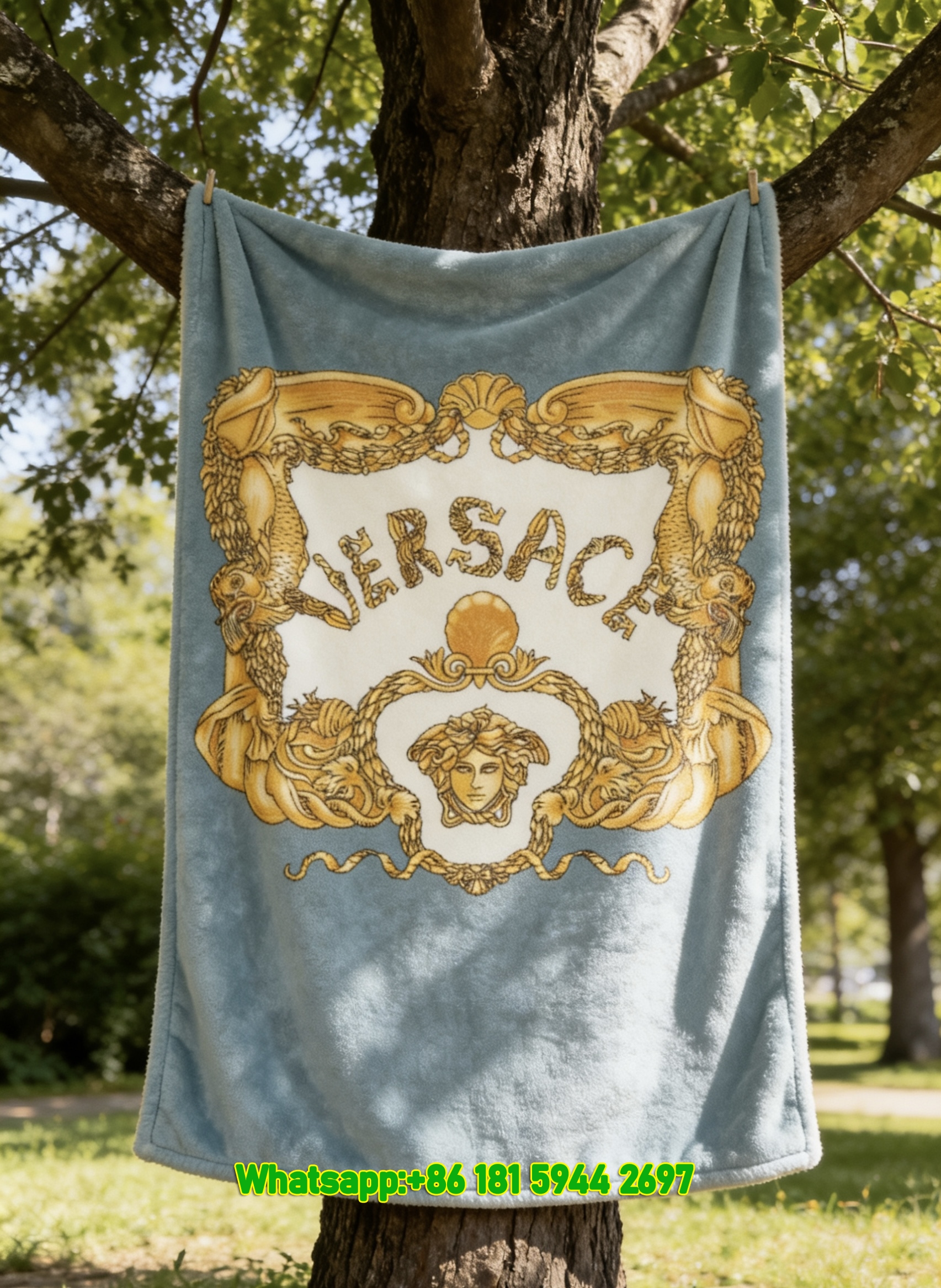 Versace Medusa Emblem with Golden Baroque Frame Flannel Throw Blanket in Light Blue and Gold IMG_1579